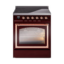 Burgundy induction range with copper-trimmed open oven door and control knobs.