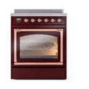 Burgundy induction range with copper-trimmed oven door and control panel lights.
