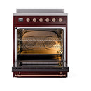 Burgundy induction range with oven door open, interior racks and triple-glass door.