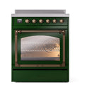 Front view of emerald green induction range with bronze knobs and open oven door