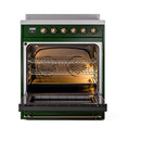 Emerald green induction range with bronze-trim open oven and visible racks