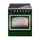 Emerald green induction range with closed oven door window and chrome trim