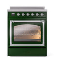 Emerald green induction range with chrome-trimmed oven door window and control knobs