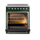Emerald green induction range with open oven door showing wire racks and interior