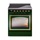 Emerald green induction range with brass-trimmed oven window and control knobs