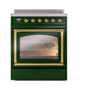 Emerald green oven door with brass trim and lit interior, plus control knobs