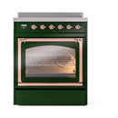 Front view of emerald green induction range with copper oven handle and glass door