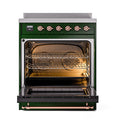 Emerald green induction range with oven interior racks and copper-toned trim