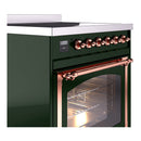 Emerald green induction range with copper control knobs and oven window