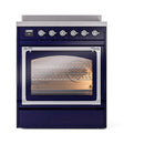 Midnight blue oven with triple glass window and chrome-trimmed control panel