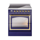 Midnight blue induction range with brass-trimmed glass door and knob control panel.