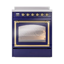 Midnight blue induction range with brass-trimmed door and control knobs, front view.