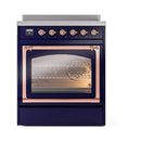 Midnight blue induction range with illuminated oven interior and glass door