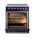 Induction range with open oven door, visible racks, and copper-trimmed heating