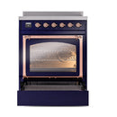 Midnight blue induction range with copper-trimmed oven door and control knobs