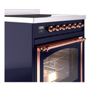 Midnight blue induction range side view with copper handle and glass oven door