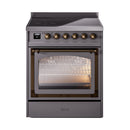 Matte graphite induction range with bronze-trim knobs and closed glass oven door