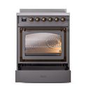 Matte graphite induction range with bronze-trim knobs and triple glass oven door open