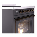 Matte graphite induction range with bronze knob control panel and open oven door