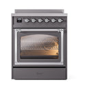 Matte graphite induction range with triple glass oven door window, chrome handle, and knobs.