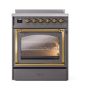 Matte graphite induction range with triple glass door and brass frame; top control knobs