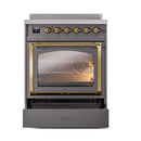 Matte graphite induction range with triple glass oven door and brass handle; knobs above