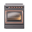 Matte graphite induction range with oven window, copper handle trim, and control knobs