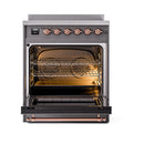 Open oven cavity with triple glass door, copper heating rails, and matte graphite frame