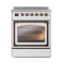 White induction range with open oven door and bronze-trimmed frame, oven lit