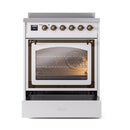 White induction range with open oven door and control panel with bronze knobs