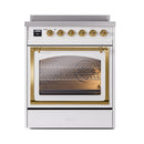 White induction range with brass handle, triple glass oven window, and control panel