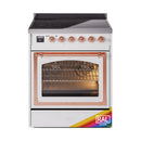 30-inch induction range with open oven door, copper trim, and RAL label on lower panel