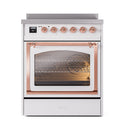 30-inch induction range with closed triple-glass oven door, copper trim, and control knobs