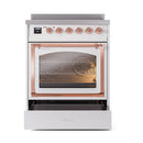 30-inch induction range with closed triple-glass door and copper door frame, knob controls