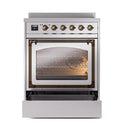 Stainless induction range front view with bronze knobs and lit oven interior