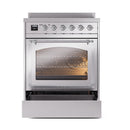 Stainless steel induction range with open oven drawer and triple glass oven door