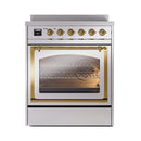 Stainless steel induction range oven door open with brass handle trim and lit interior racks