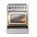 Stainless steel induction range with triple glass oven door and brass trim, front view