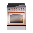 Stainless steel induction range with copper control knobs and open oven door