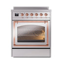 Stainless steel induction range oven door window with copper trim and control knobs