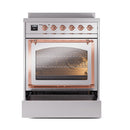 Stainless steel oven with open door, copper accents, and visible wire racks