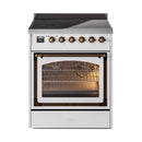White induction range with bronze knob control panel and lit oven cavity behind glass