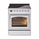 White induction range with open oven door and chrome handle, lit racks inside