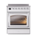 White induction range with chrome-trim glass oven door, lit interior view