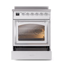 White induction range with chrome trim, open oven door showing lit interior rack