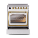 White induction range with closed triple glass oven door and brass trim, controls visible.