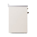 Antique white induction range side view with bronze handle hardware