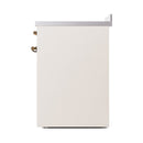 Antique white side panel of induction range with bronze side hardware