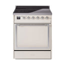 Antique white induction range with chrome-trimmed control panel and solid-door oven