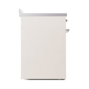 Antique white range side view with chrome hinges and solid door frame